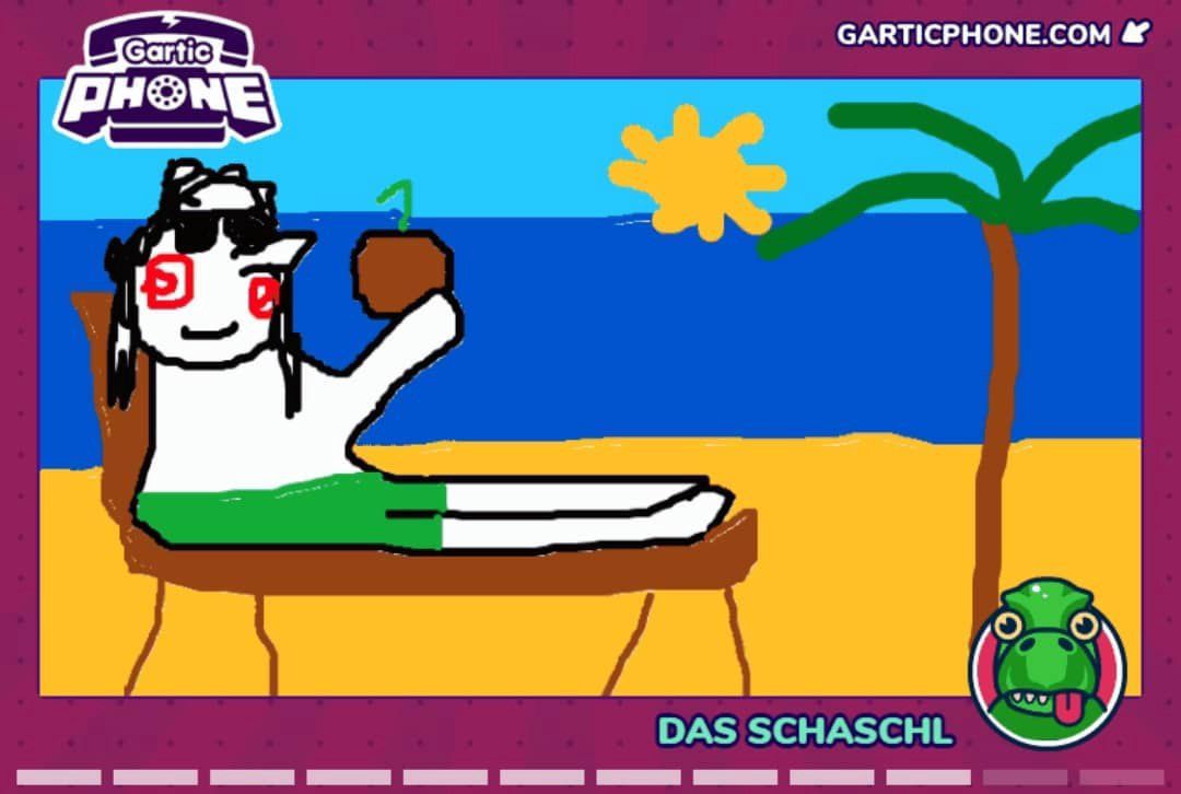 Gartic-Phone-Zeichnung: Eine liegende Figur mit roten Spiralen auf den Wangen hält eine Kokosnuss vor Meer und Palme.