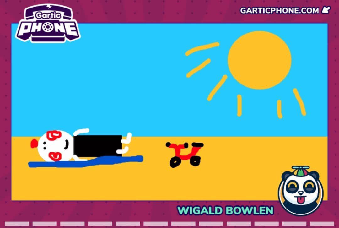 Gartic-Phone-Zeichnung: Eine weißgesichtige Figur liegt am sonnigen Strand neben einem kleinen roten Dreirad.